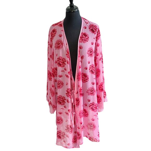 Cacique Plus Size 22/24 Pink Red Roses Floral Sheer Robe Lace Sleeves Tie Waist - Picture 1 of 8